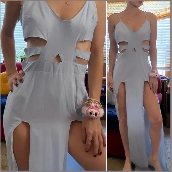 Chic Cut-Out Long Sleeve Dress in Light Blue marked L but better for M - Picture 4 of 16